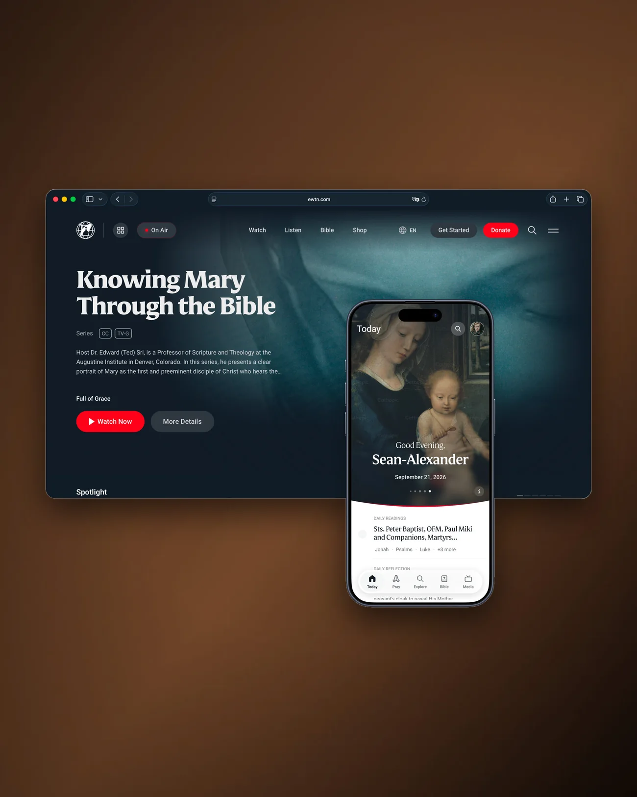 The rebuilt EWTN.com in a browser, with the native iOS app in front