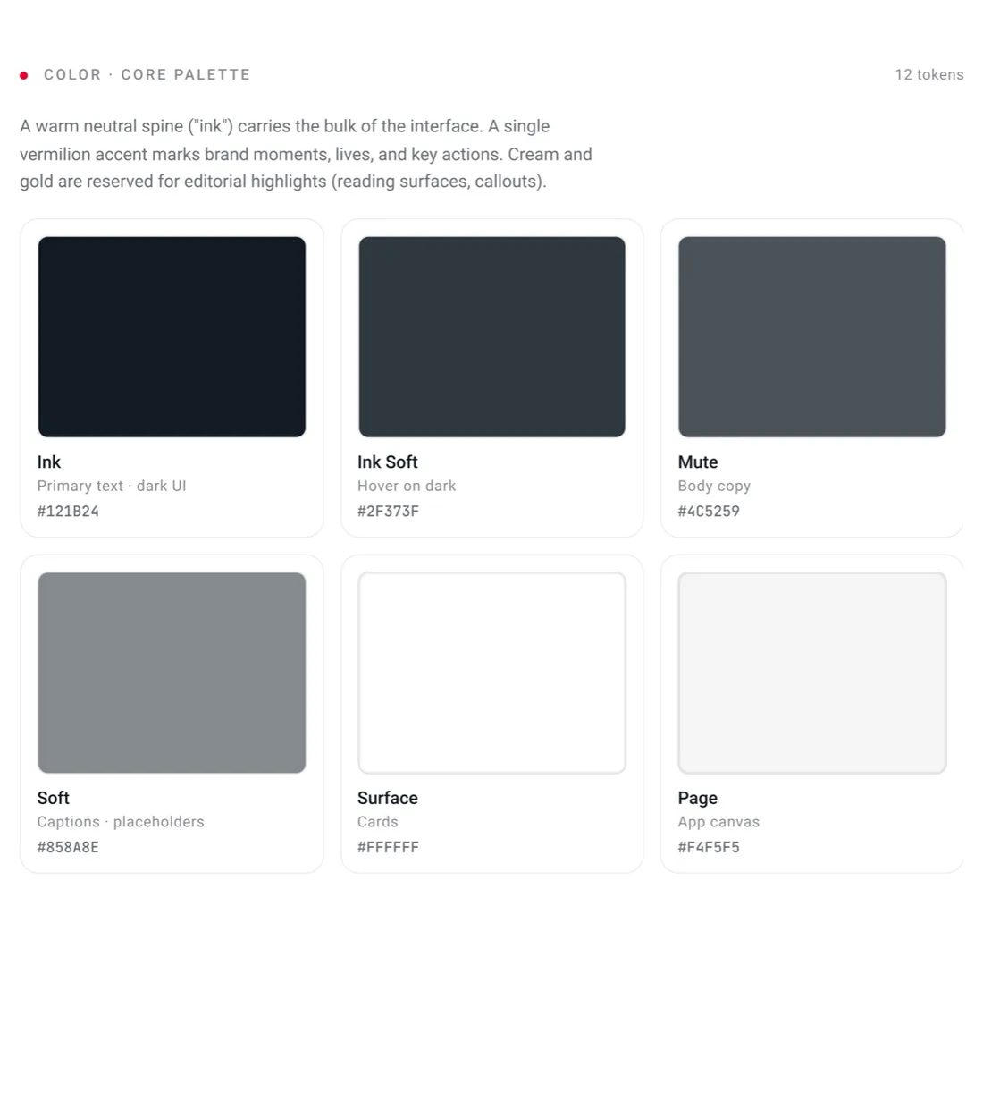 Style guide page with the core color palette, hex values and usage notes