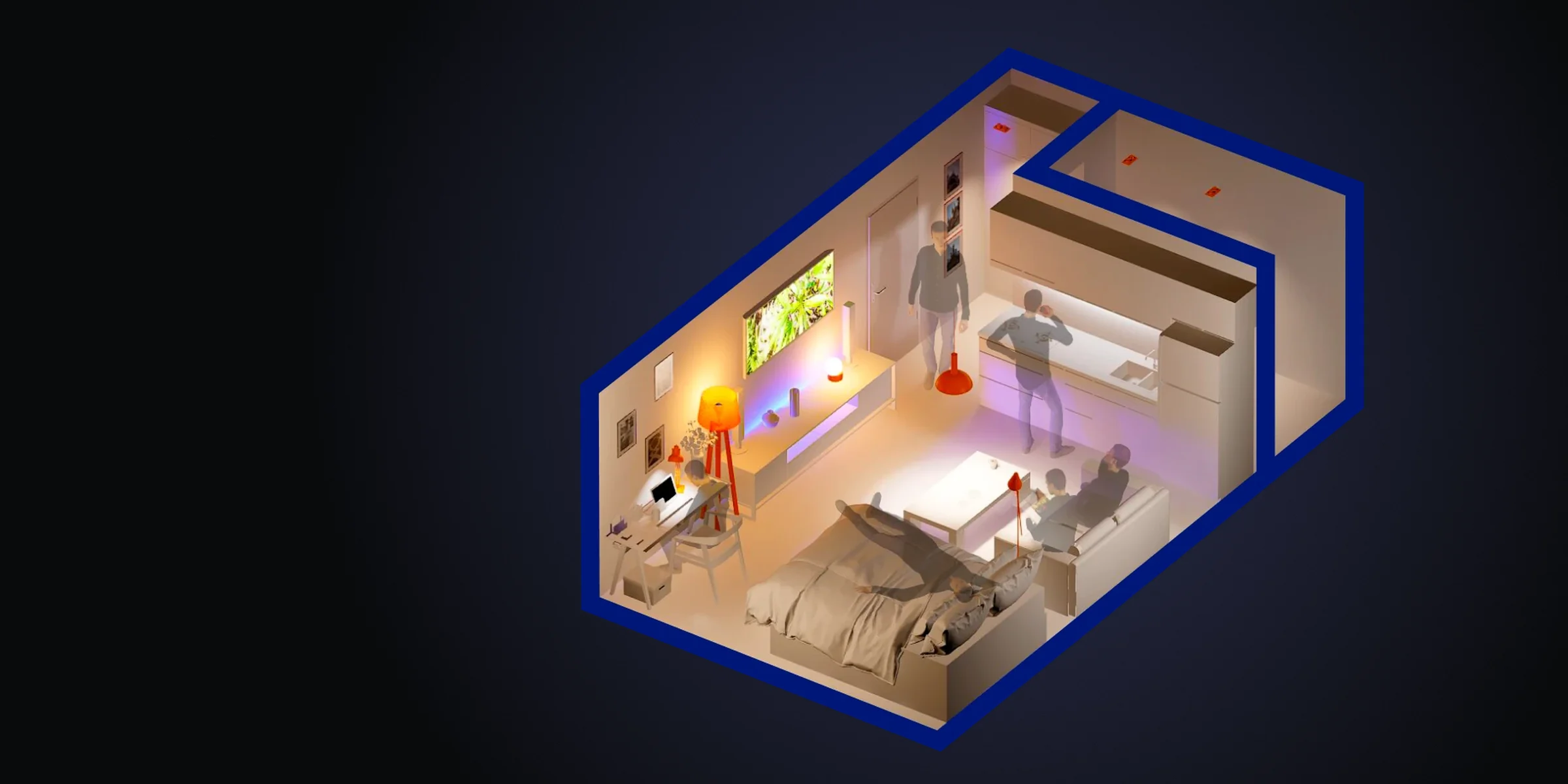 Isometric cutaway of a 30 m² studio where every activity of the day happens at once