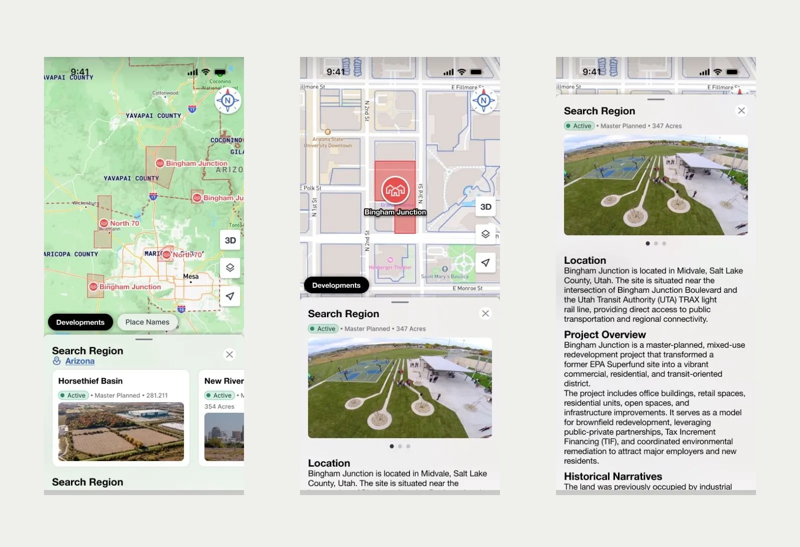 Discover with filtered pins, the search region and a development record