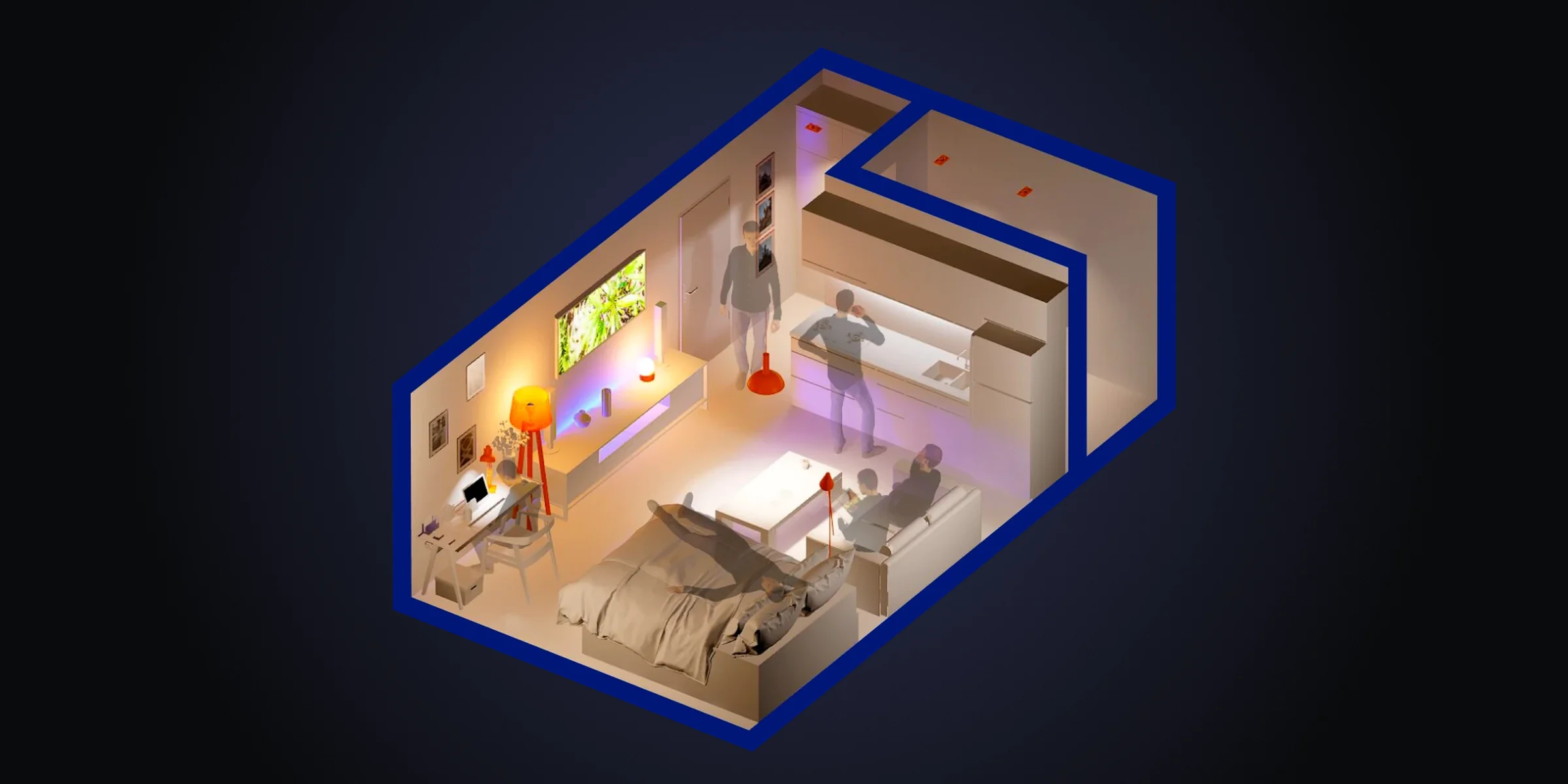 Isometric cutaway of a 30 m² studio with ghosted figures cooking, working, eating and resting in the same room