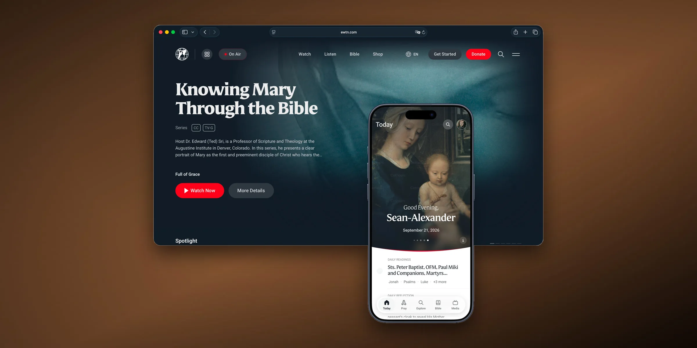 The rebuilt EWTN.com in a browser, with the native iOS app Today screen in front