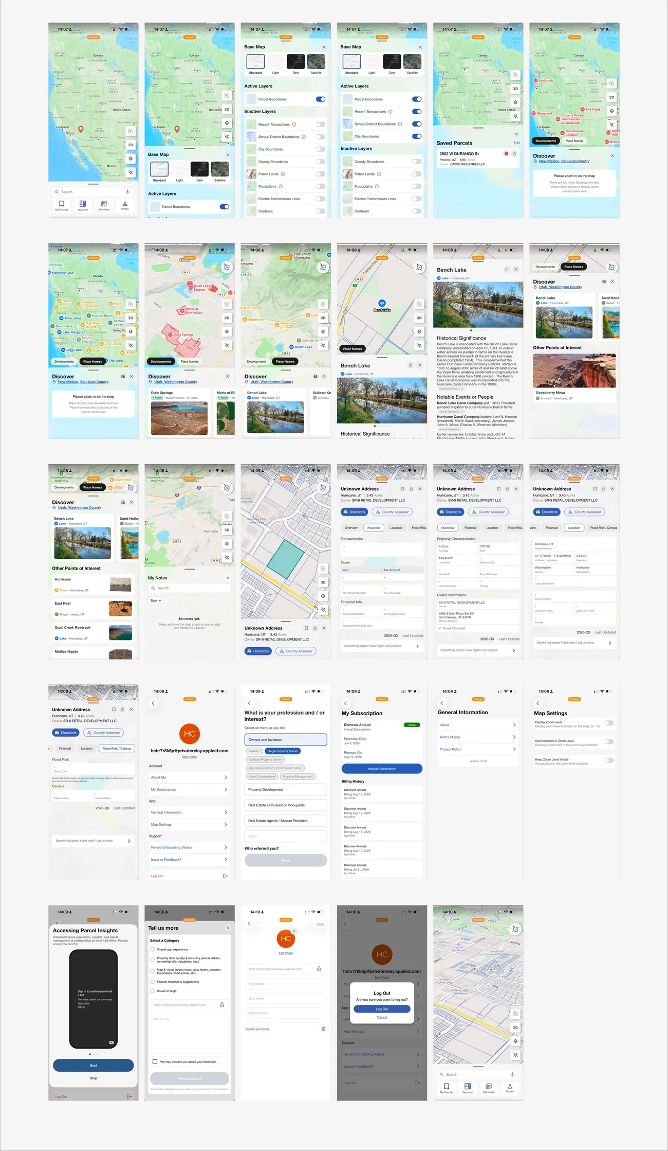 Contact sheet of the Revalo app: twenty-nine screens covering the map, layers, parcel record, discovery, saves and onboarding