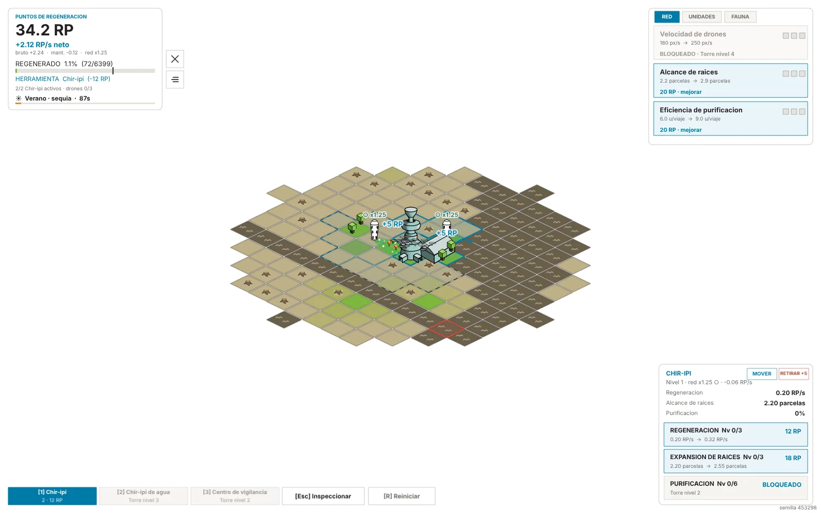 URPE 2060 playable prototype: isometric map with regeneration units, upgrade panels and the tool bar