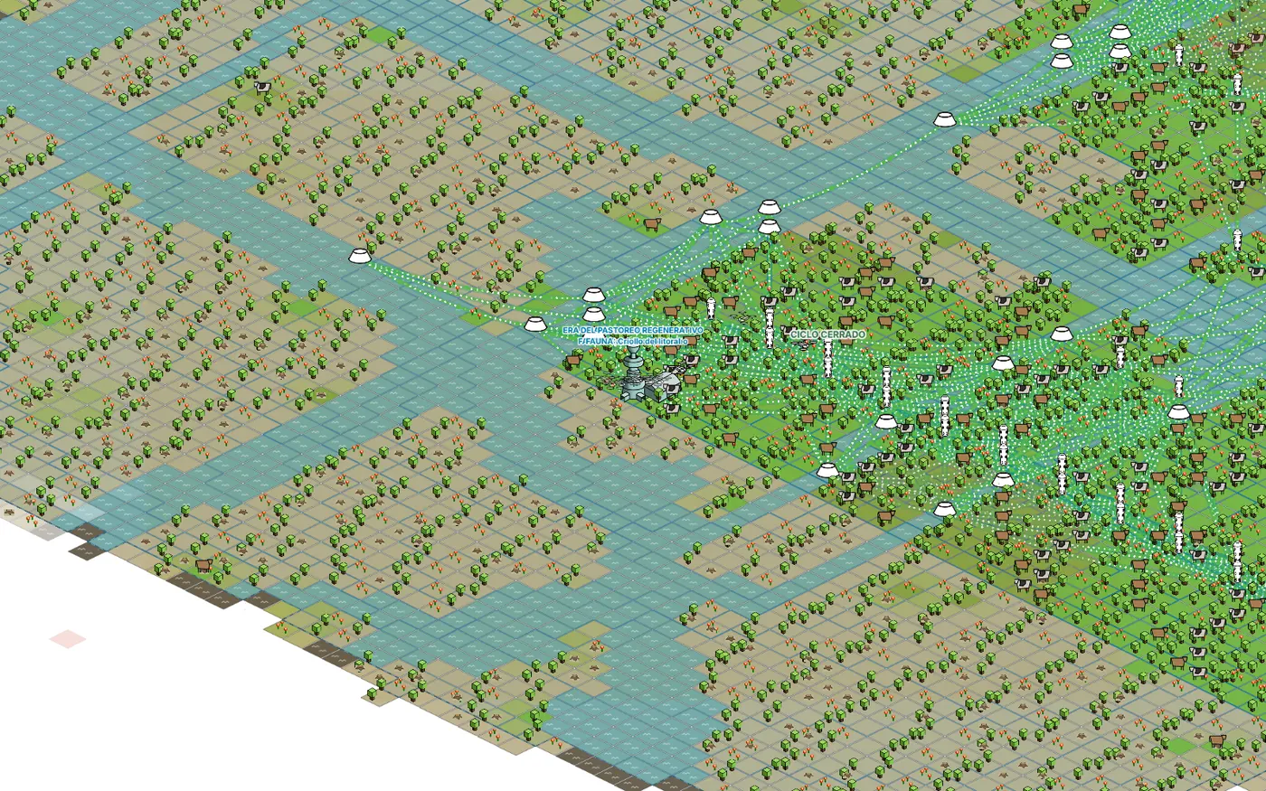 URPE 2060 late in a game: most of the explored territory regenerated, with forests, rivers, herds and the root network linking the Chir-ipi units